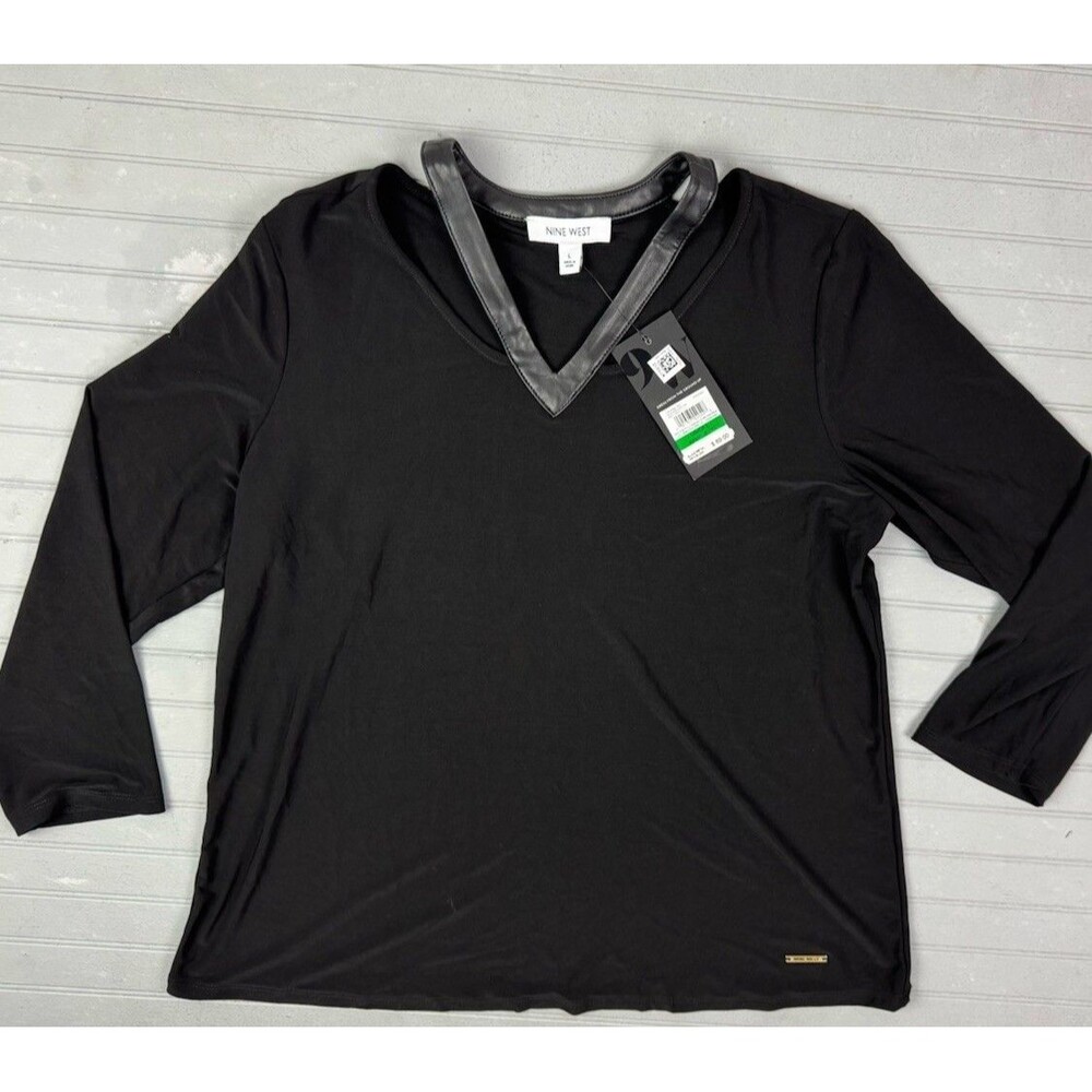 Nine West Size L Womens Top Long Sleeve Black V Neck Faux Leather Trim